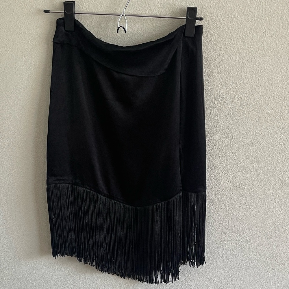 Zara Satin Black Fringe Skirt Size S